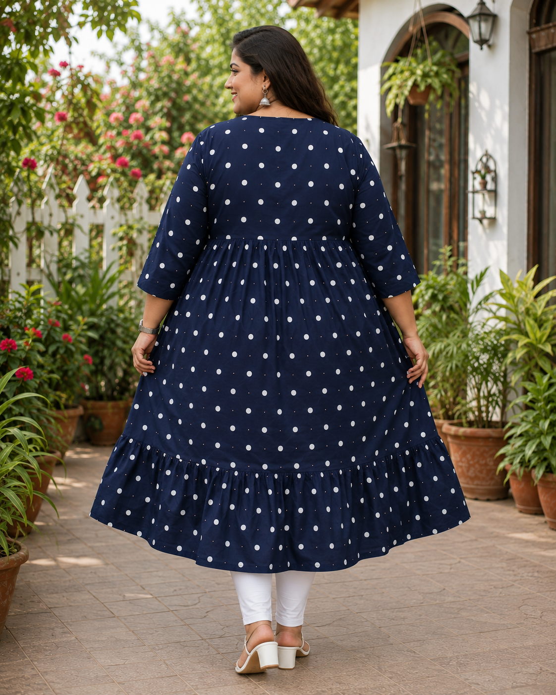 Women's Navy Blue Polka Dot Flared Umbrella model kurti with Elbow Sleeves