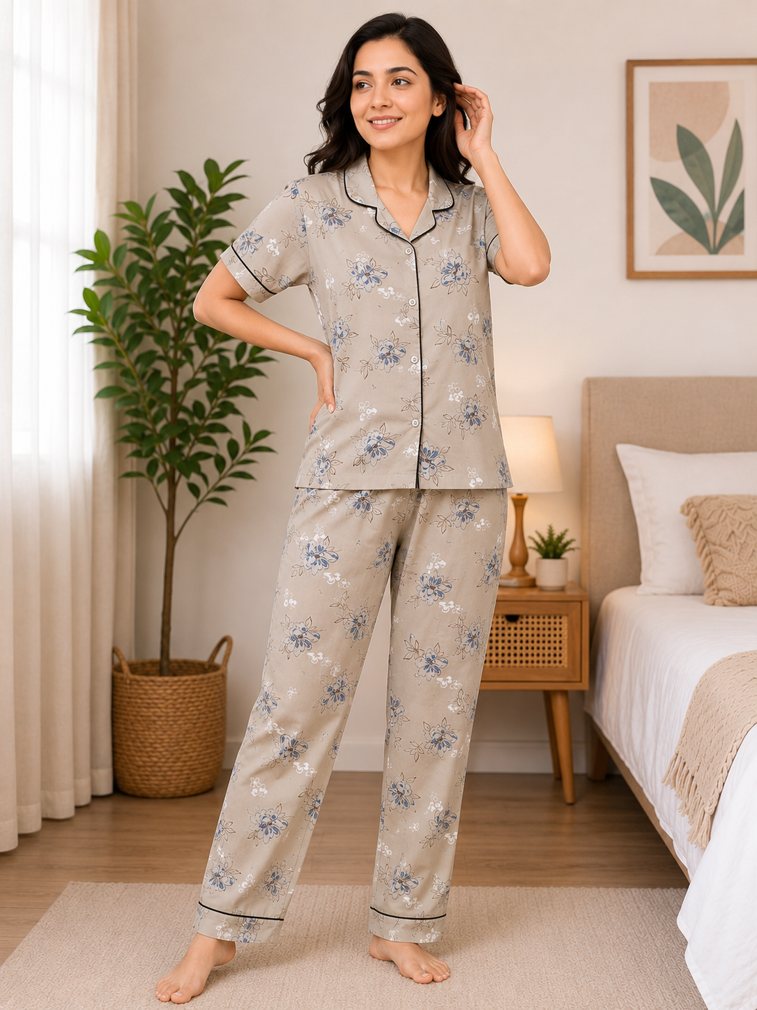 Premium Alfain Sand Beige Blue Floral Co-ord Set,With Button-down front, notch collar, contrast black piping, elasticated waist.