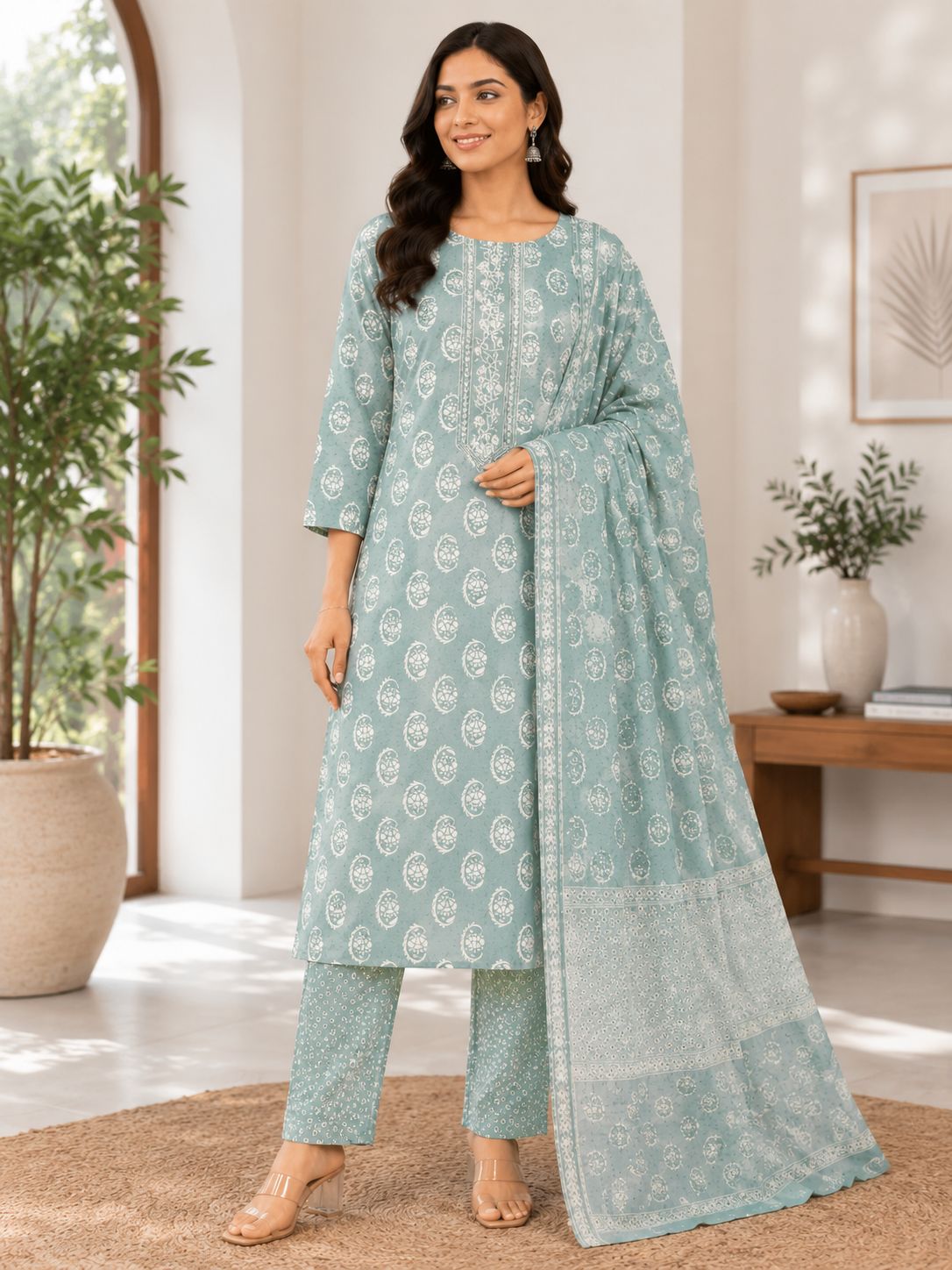 Elegant Sea Green and White Paisley Printed Cotton 3-Piece Kurti Set