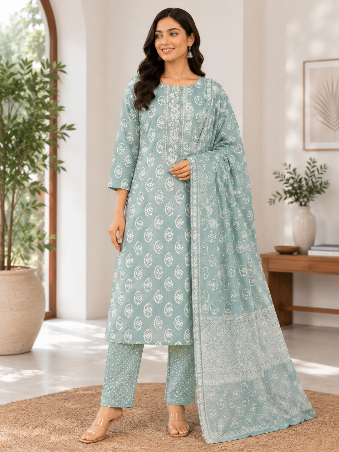 Elegant Sea Green and White Paisley Printed Cotton 3-Piece Kurti Set