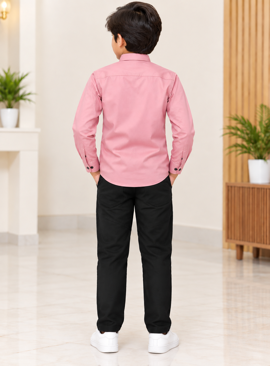 Boys Dusty Pink Full Sleeve Cotton Shirt with Black Pant Set