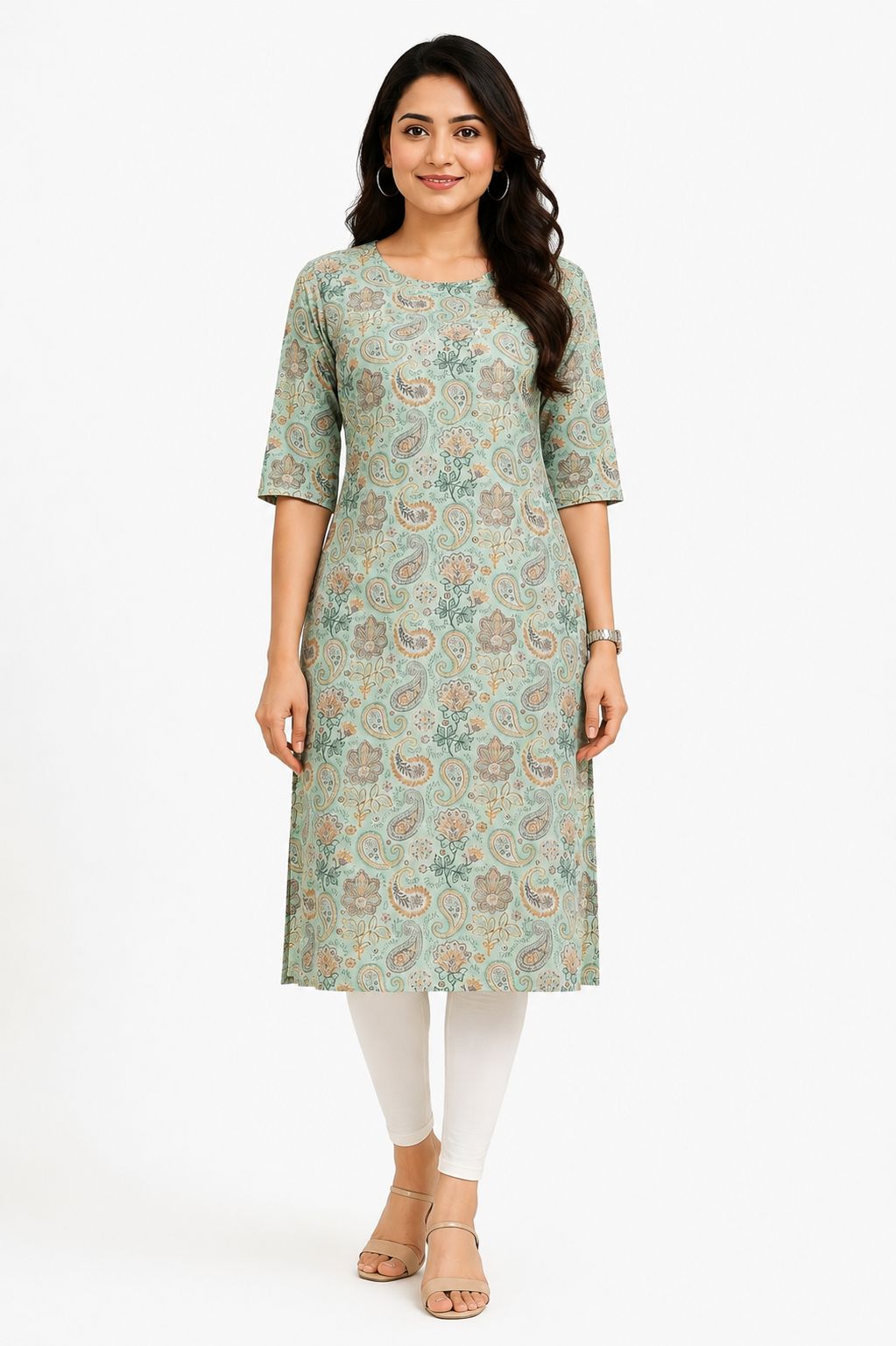 Women’s Pista Green Cotton Floral Paisley Printed Straight-Cut Kurthi with Elbow Sleeves & Pocket