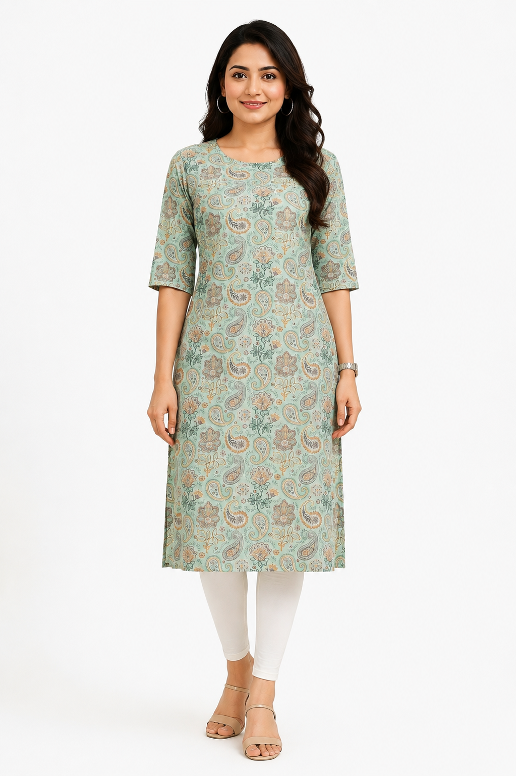 Women’s Pista Green Cotton Floral Paisley Printed Straight-Cut Kurthi with Elbow Sleeves & Pocket