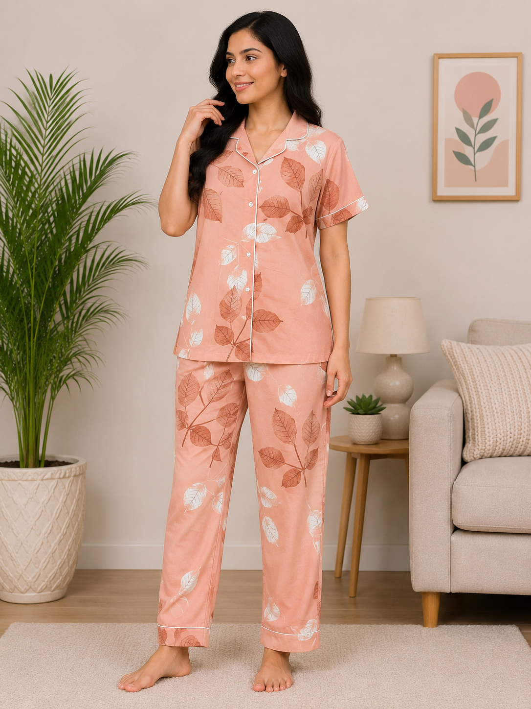Premium Alfain Peach Botanical Co-ord Set, With Button-down front, notch collar, contrast black piping, elasticated waist.