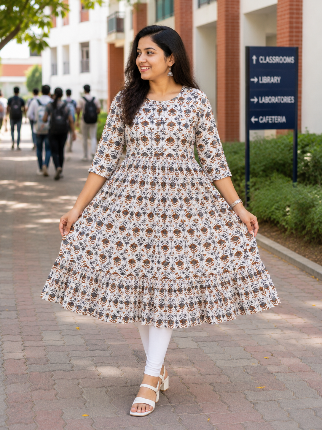 Women's Cream with Brown and Navy Blue Print Printed Flared Umbrella model kurti with Elbow Sleeves