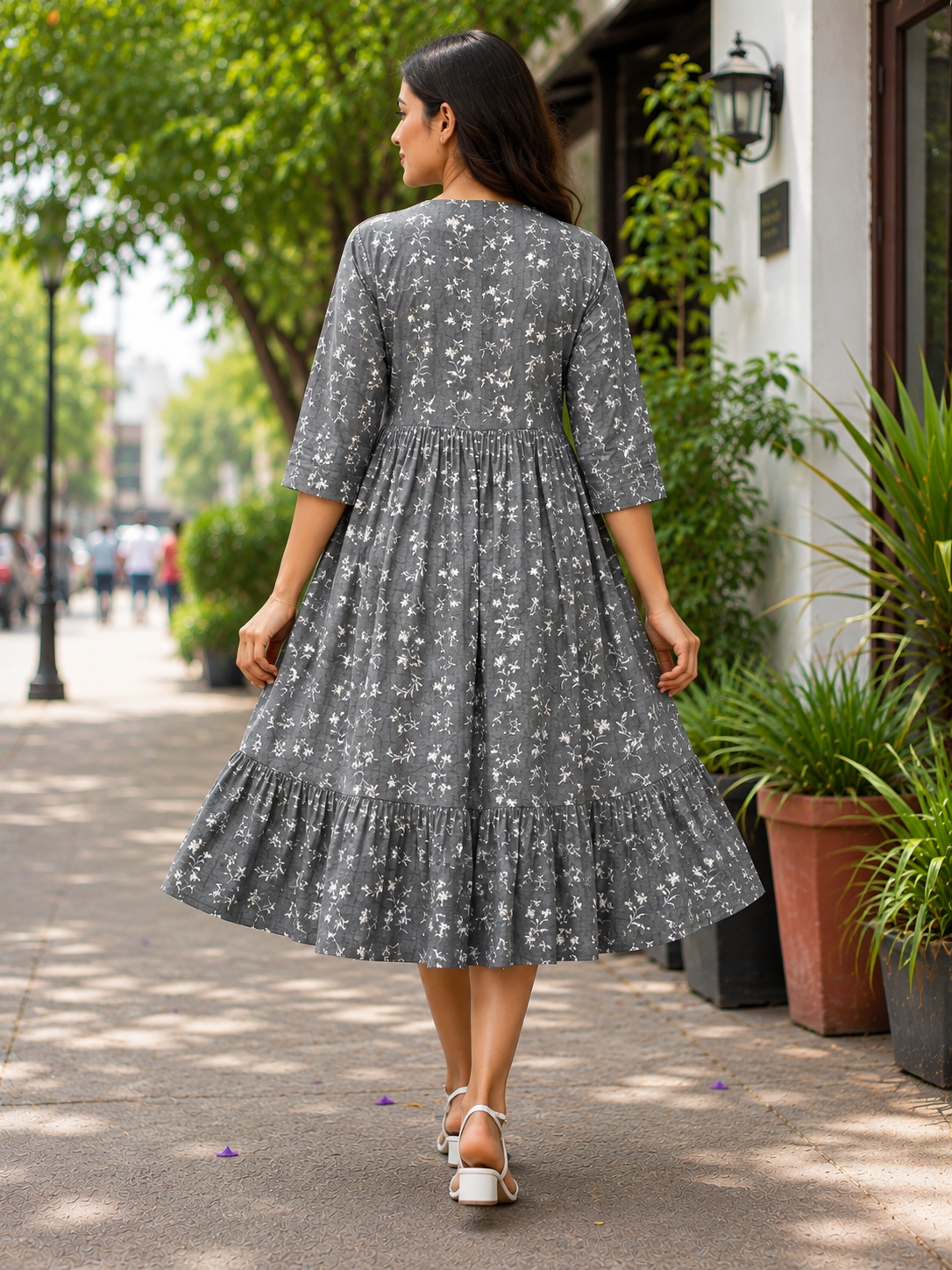 Women's Dark Grey Printed Flared Umbrella model kurti with inner lining and Elbow Sleeves