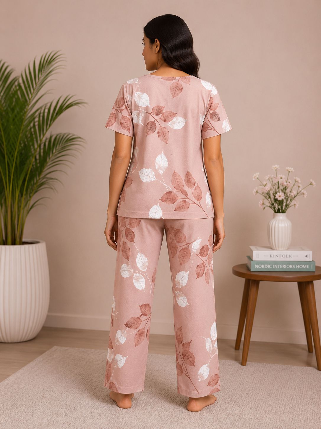 Women's Premium Alfain Fabric Dusty Peach Leaf Print Round Neck Night Suit with Side Slit Top & Elastic Waist Straight Pant