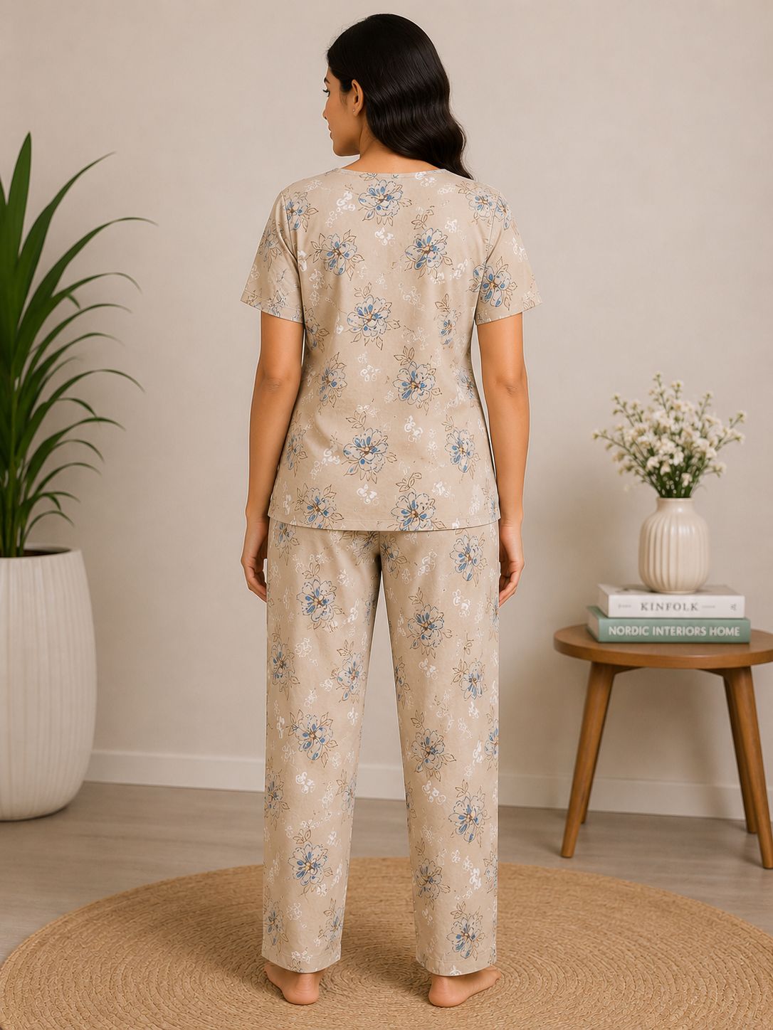 Women's Premium Alfain Fabric Light Khaki Floral Print Round Neck Night Suit with Side Slit Top & Elastic Waist Straight Pant