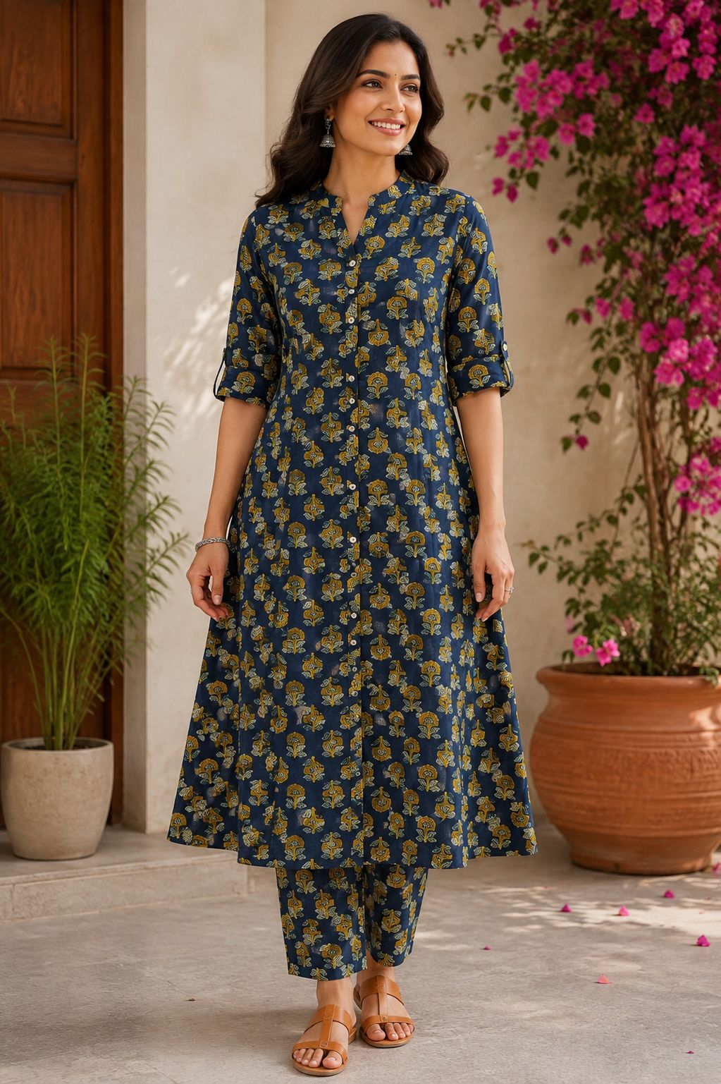 Women's Premium Navy Blue Cotton Floral Print 2-Piece KurtiSet with Chinese Collar, Front Open Buttons, A-Line Princess Cut Top & Straight Pant