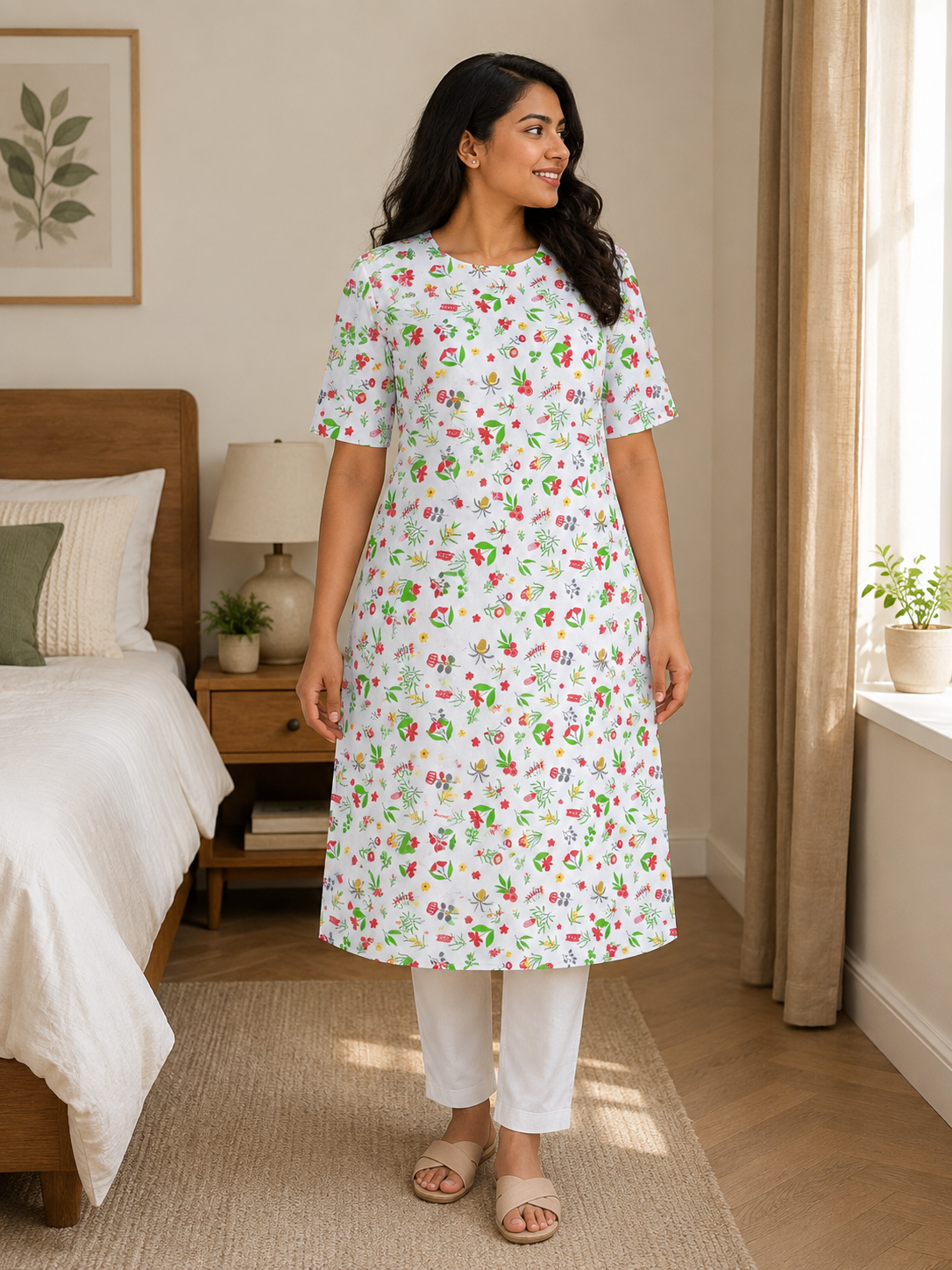 Women's White Cotton Kurti - Red & Green Small Floral Print  Round Neck  Elbow Sleeves Straight Cut with Pocket