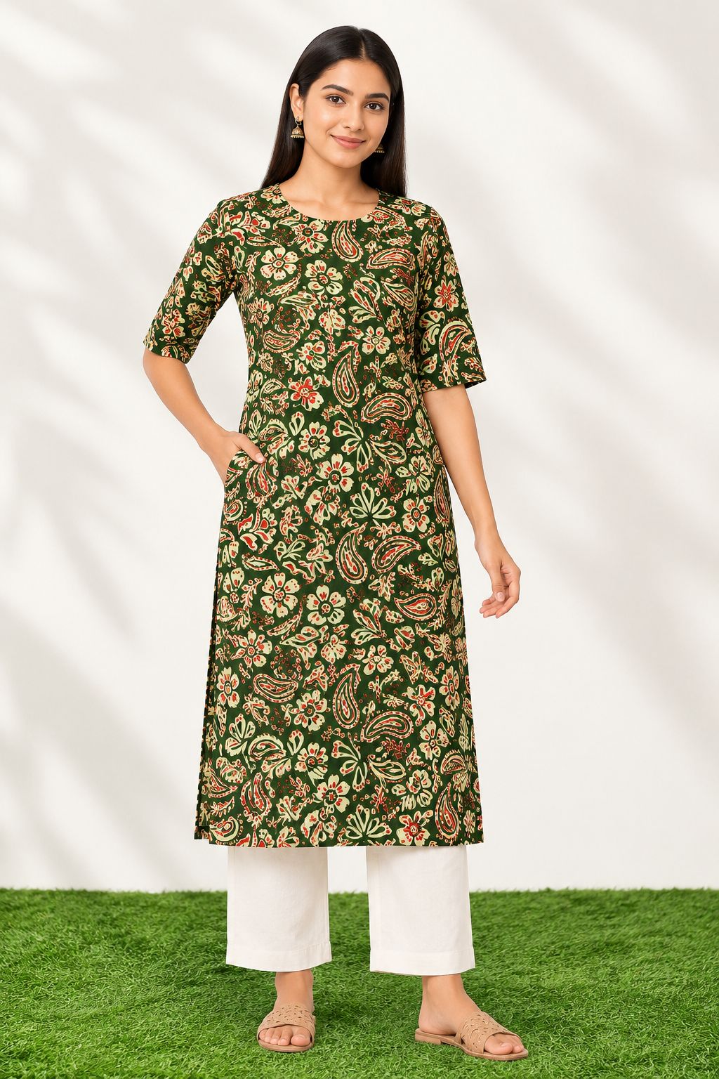 Women’s Bottle Green Floral Paisley Printed Cotton Straight-Cut Kurthi with Elbow Sleeves & Pocket