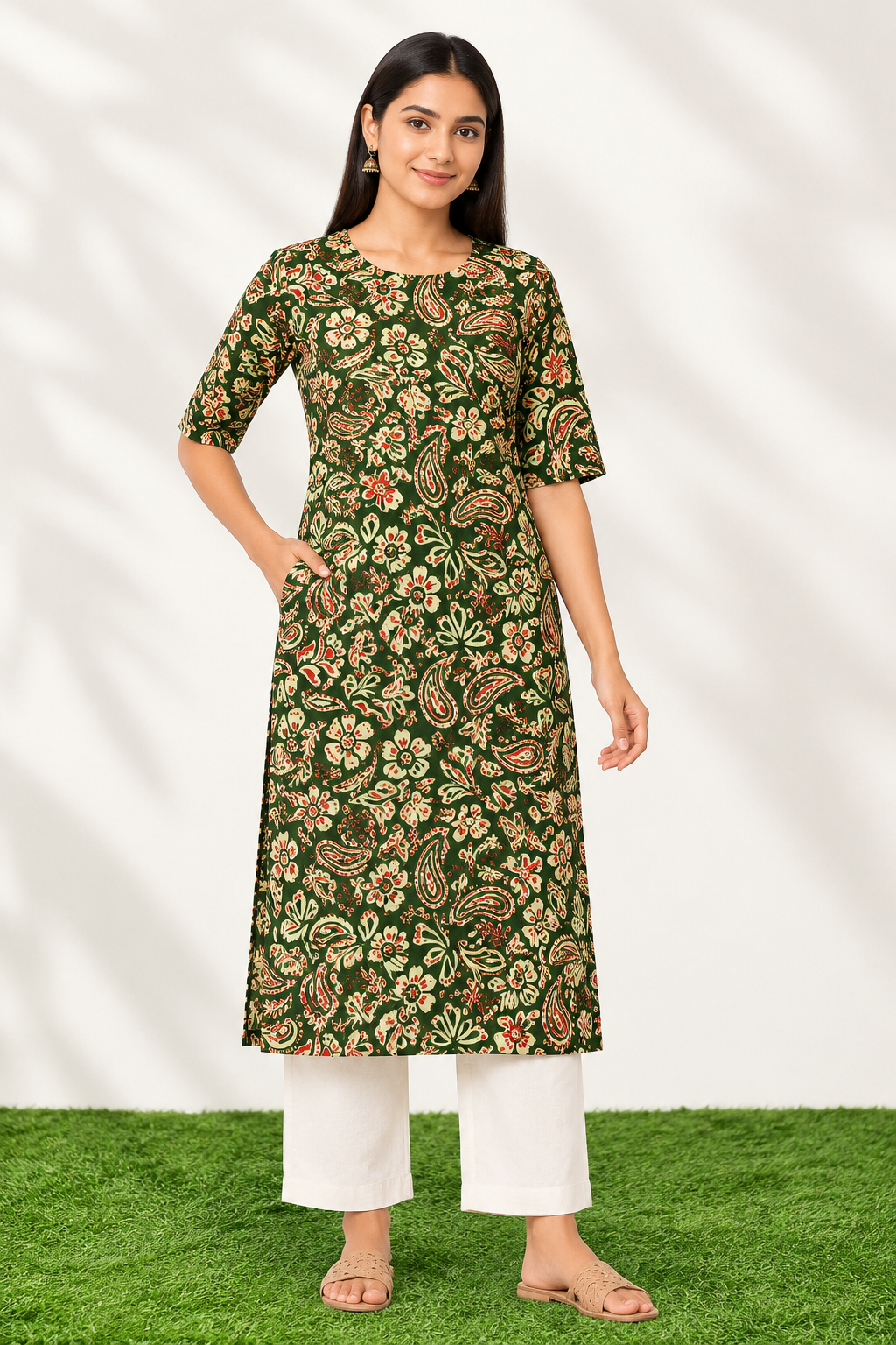 Women’s Bottle Green Floral Paisley Printed Cotton Straight-Cut Kurthi with Elbow Sleeves & Pocket