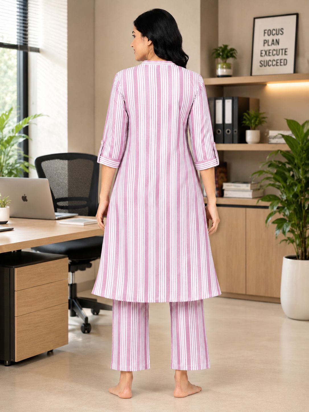 Women's Dusty Pink Striped Princess Cut Kurti & Pant Co-Ord Set with Mandarin Collar and Folded Cuff Sleeves