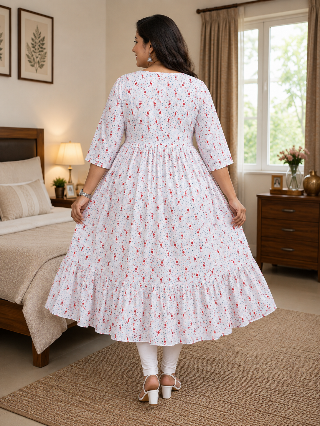 Women's Off-White with Red and Blue Print Flared Umbrella model kurti with Elbow Sleeves