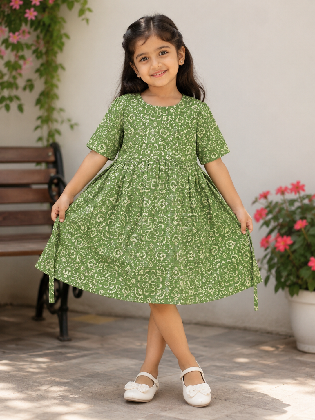Teen Colours Green Geometric Print Cotton Dress for Girls