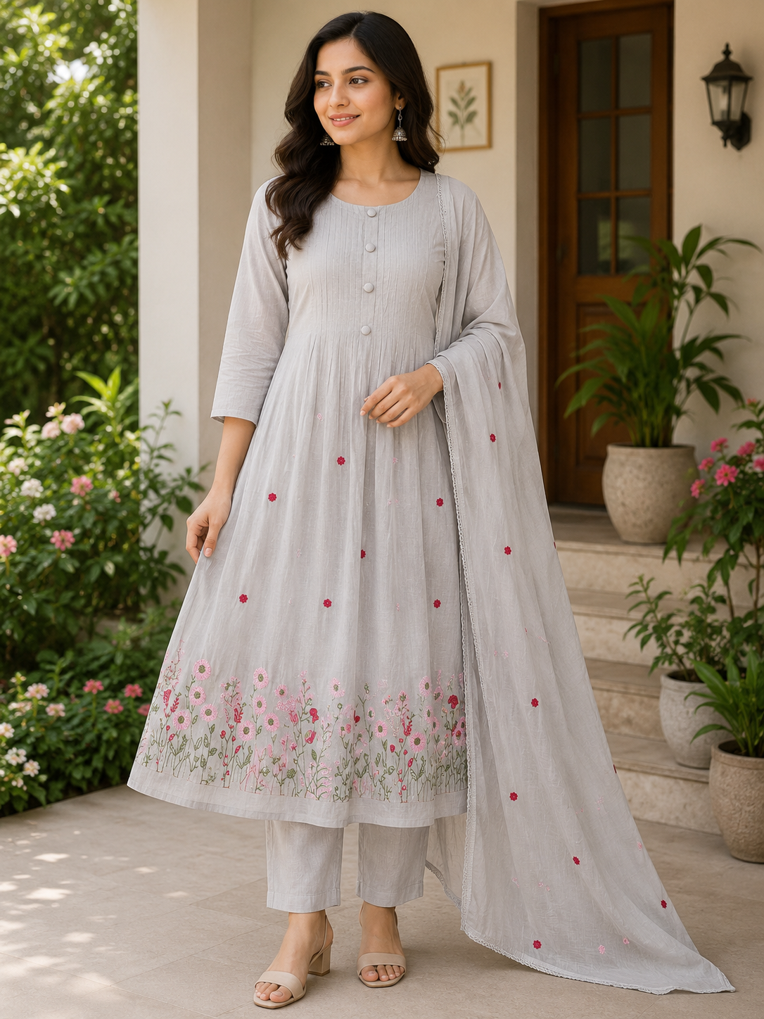 Elegant Light Grey Pleated and Embroidered Light Grey / Silver Grey with Pink and Green Floral Accents 3-Piece Silk Kurti Set
