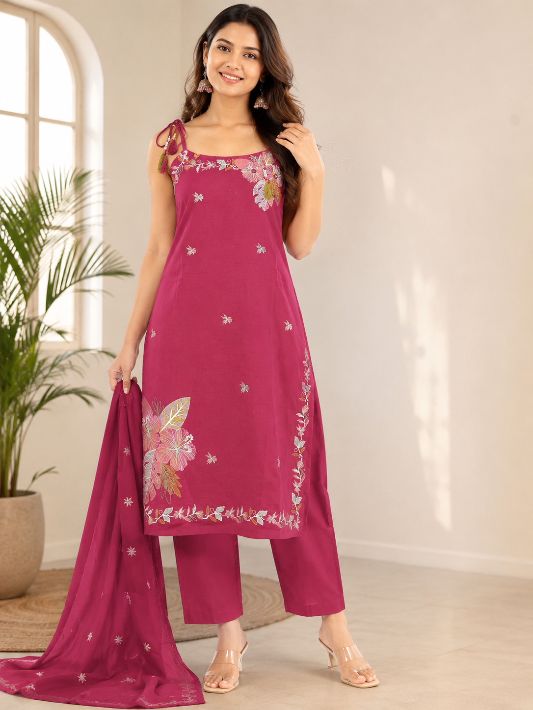 Vibrant Magenta Embroidered sleeveless Cotton 3-Piece Kurti Set