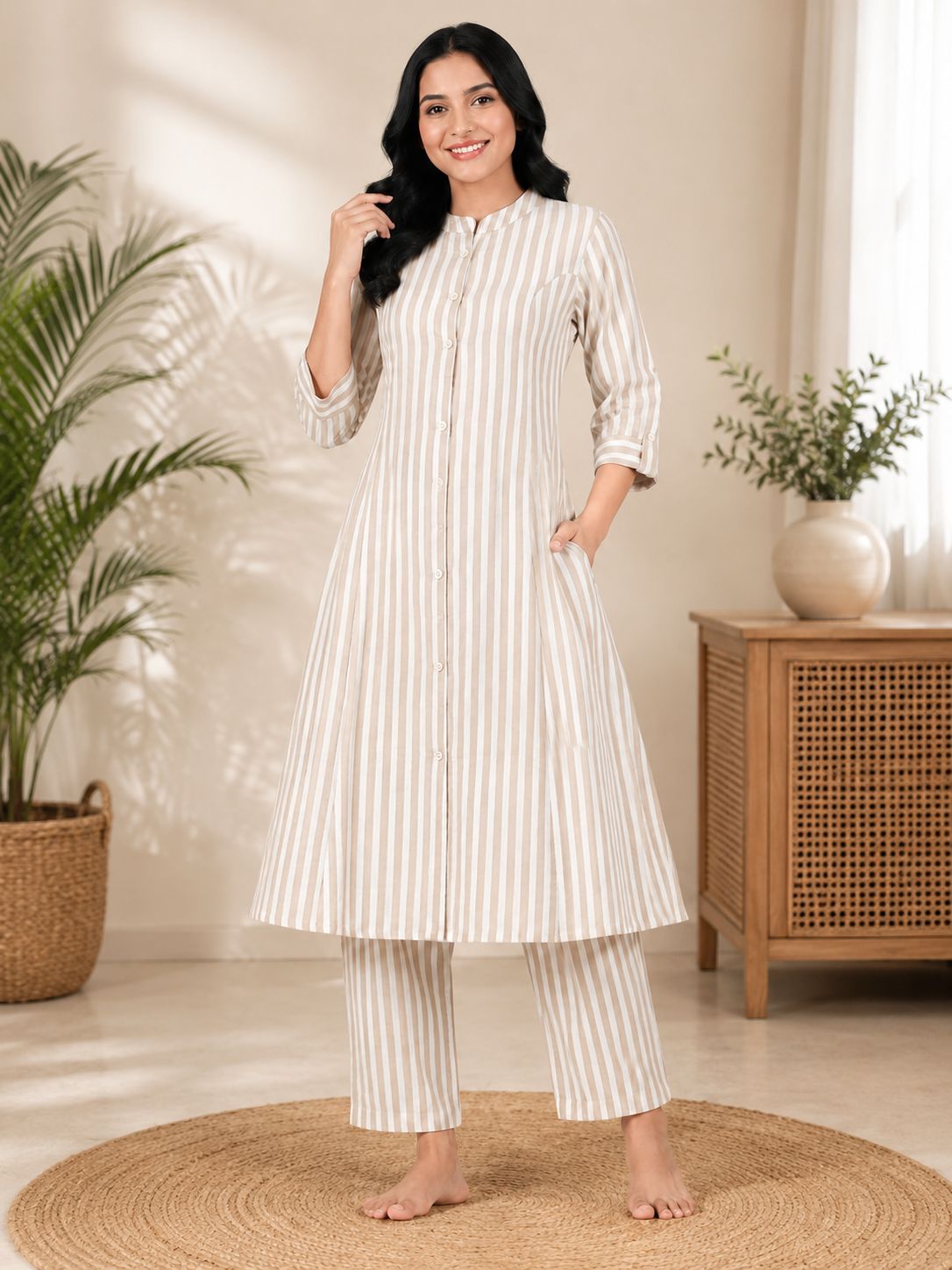 Women's Beige & White Striped Cotton Blend Princess Cut Kurti & Pant Co-Ord Set with Mandarin Collar and Folded Cuff Sleeves