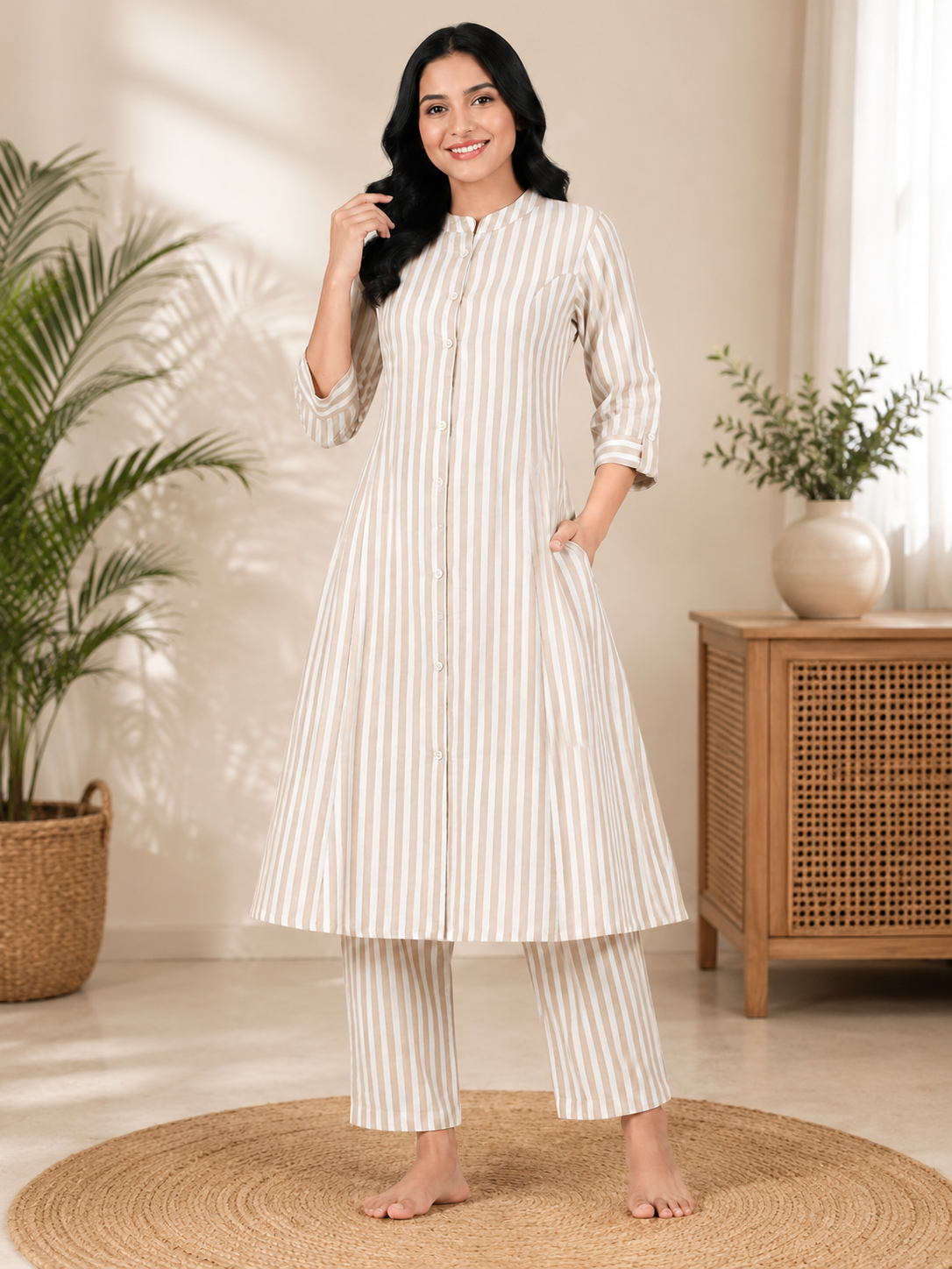 Women's Beige & White Striped Cotton Blend Princess Cut Kurti & Pant Co-Ord Set with Mandarin Collar and Folded Cuff Sleeves