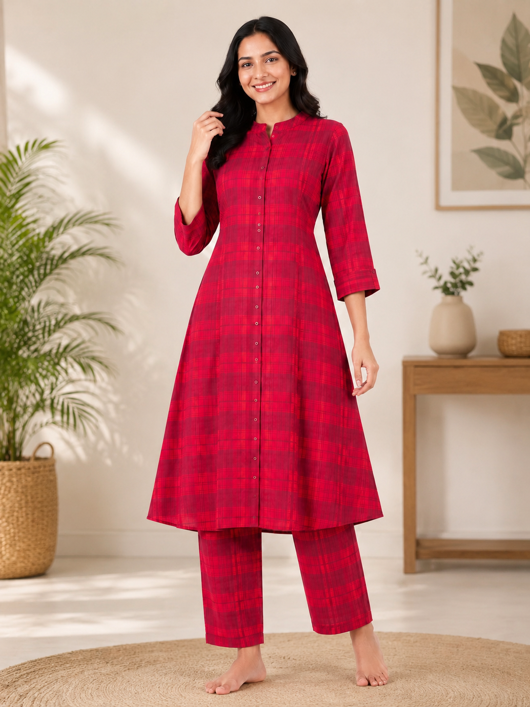 Women's maroon red & cream Princess Cut Kurti & Pant Co-Ord Set with Mandarin Collar and Folded Cuff Sleeves