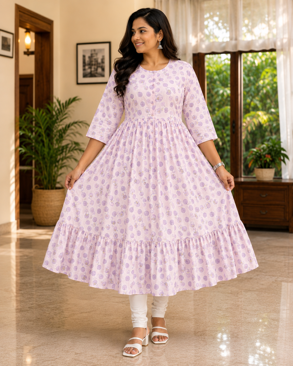 Women's Light Pink and Lavender Printed Flared Umbrella model kurti with Elbow Sleeves