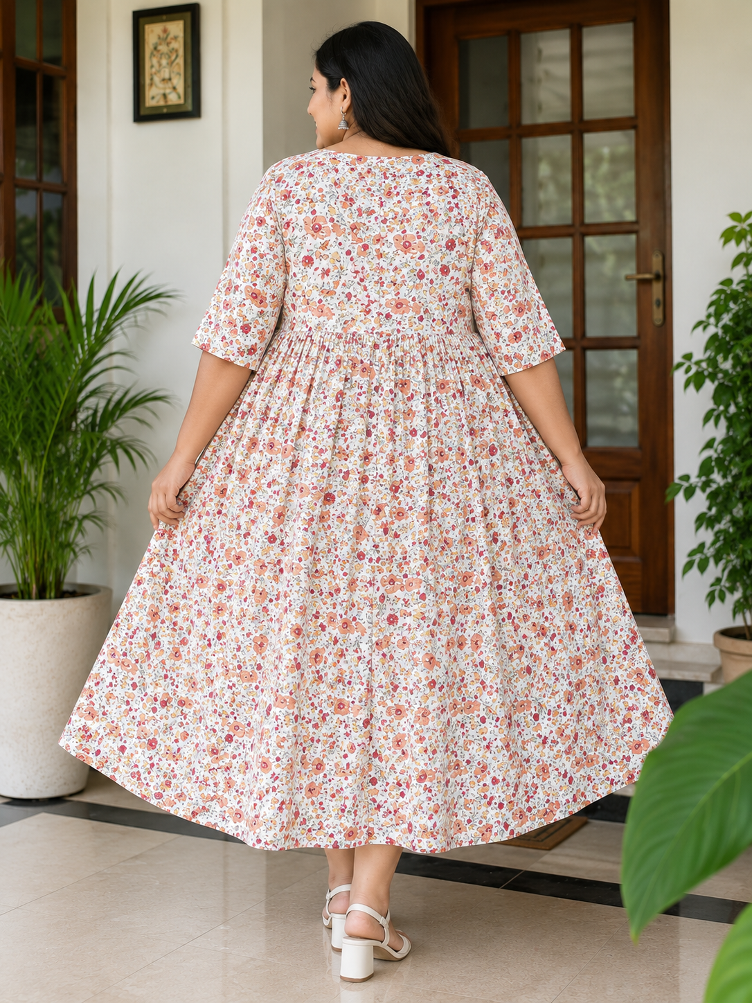 Women's Off-White with Orange and Pink Floral Print Flared Umbrella model kurti with Elbow Sleeves