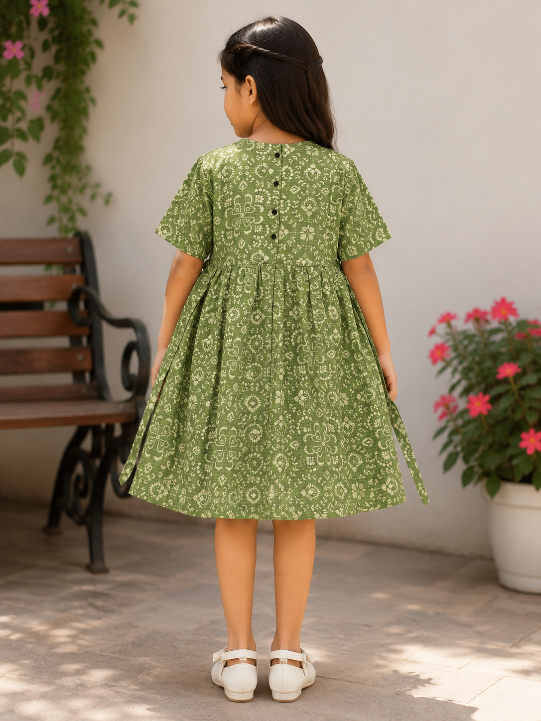 Teen Colours Green Geometric Print Cotton Dress for Girls