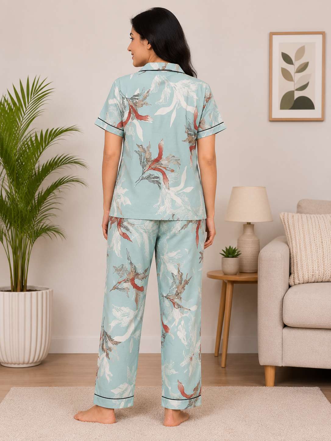 Premium Alfain Aqua Botanical Co-ord Set, 
With Button-down front, notch collar, contrast black piping, elasticated waist.