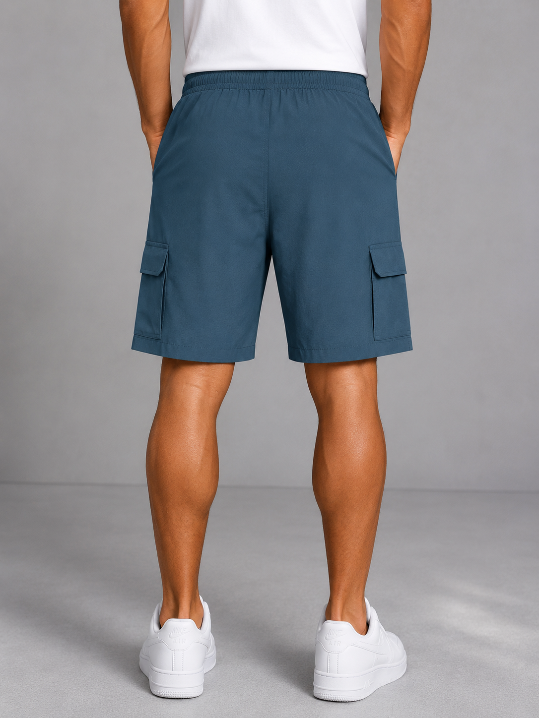 Men’s Teal Blue Cotton Cargo Shorts with Elastic Waist & Flap Pockets