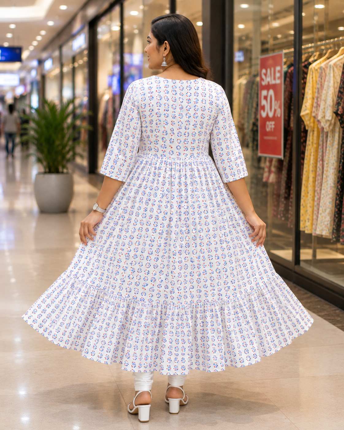 Women's  White with Blue and Red Print Printed Flared Umbrella model kurti with Elbow Sleeves