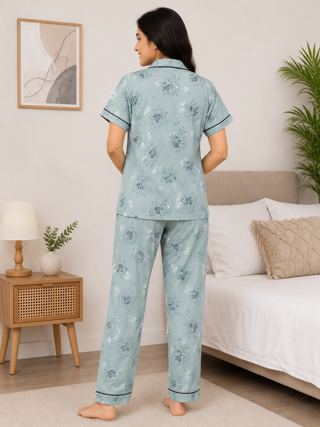 Premium Alfain Fabric Dusty Mint Floral Co-ord Set with Button-down front, notch collar, contrast black piping, elasticated waist