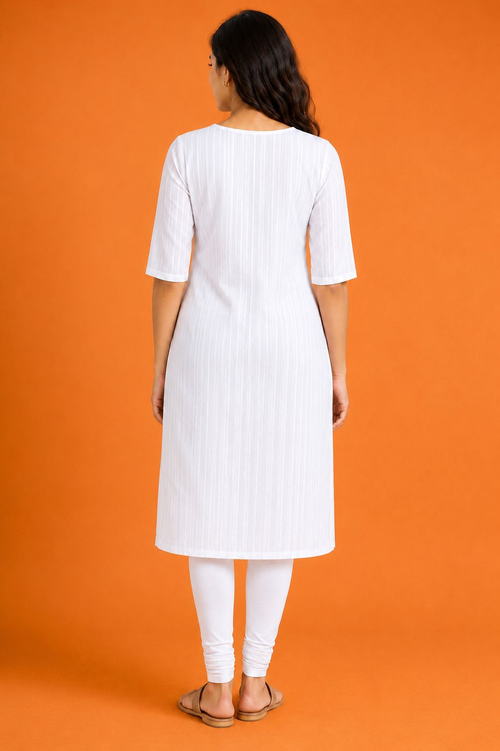 Women’s Pure White Self-Striped Textured Cotton Straight-Cut Kurthi with Elbow Sleeves & Pocket