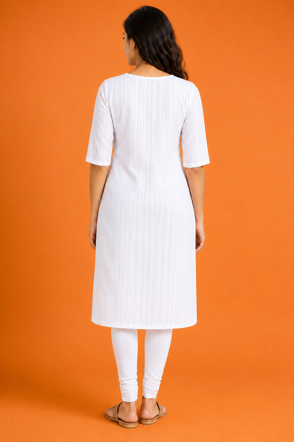 Women’s Pure White Self-Striped Textured Cotton Straight-Cut Kurthi with Elbow Sleeves & Pocket
