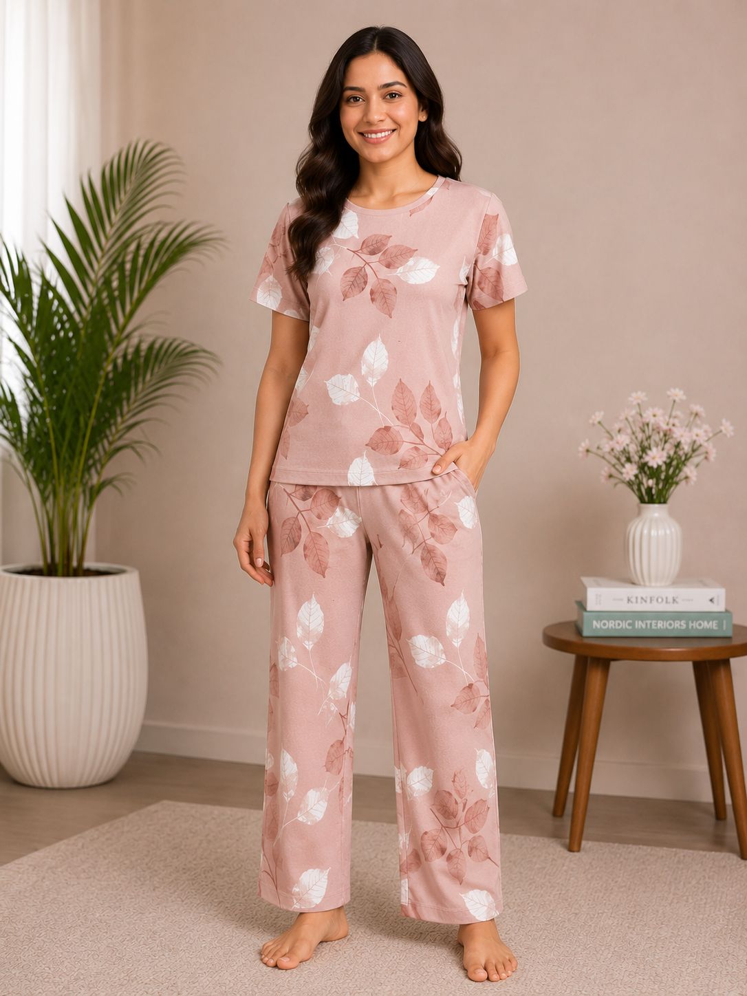 Women's Premium Alfain Fabric Dusty Peach Leaf Print Round Neck Night Suit with Side Slit Top & Elastic Waist Straight Pant