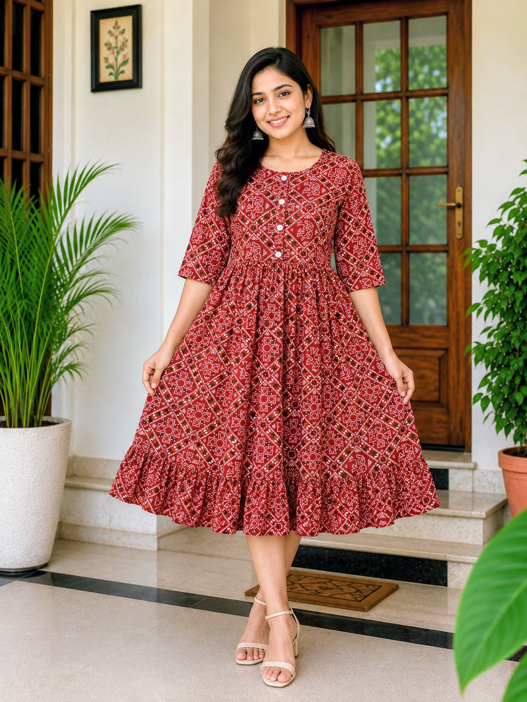 Women's Maroon red color Printed Flared Umbrella model kurti with Elbow Sleeves