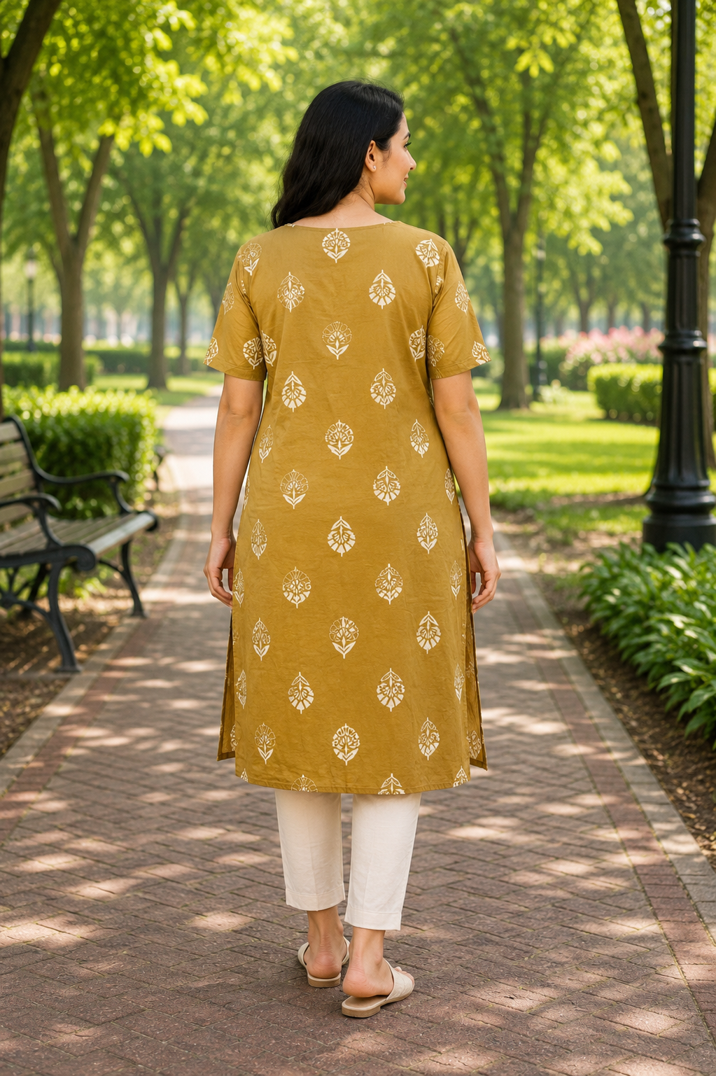 Womens Mustard Yellow color Cotton Kurti - Off White Floral Block Print, Round Neck, Elbow Sleeves, Straight Cut with Pocket