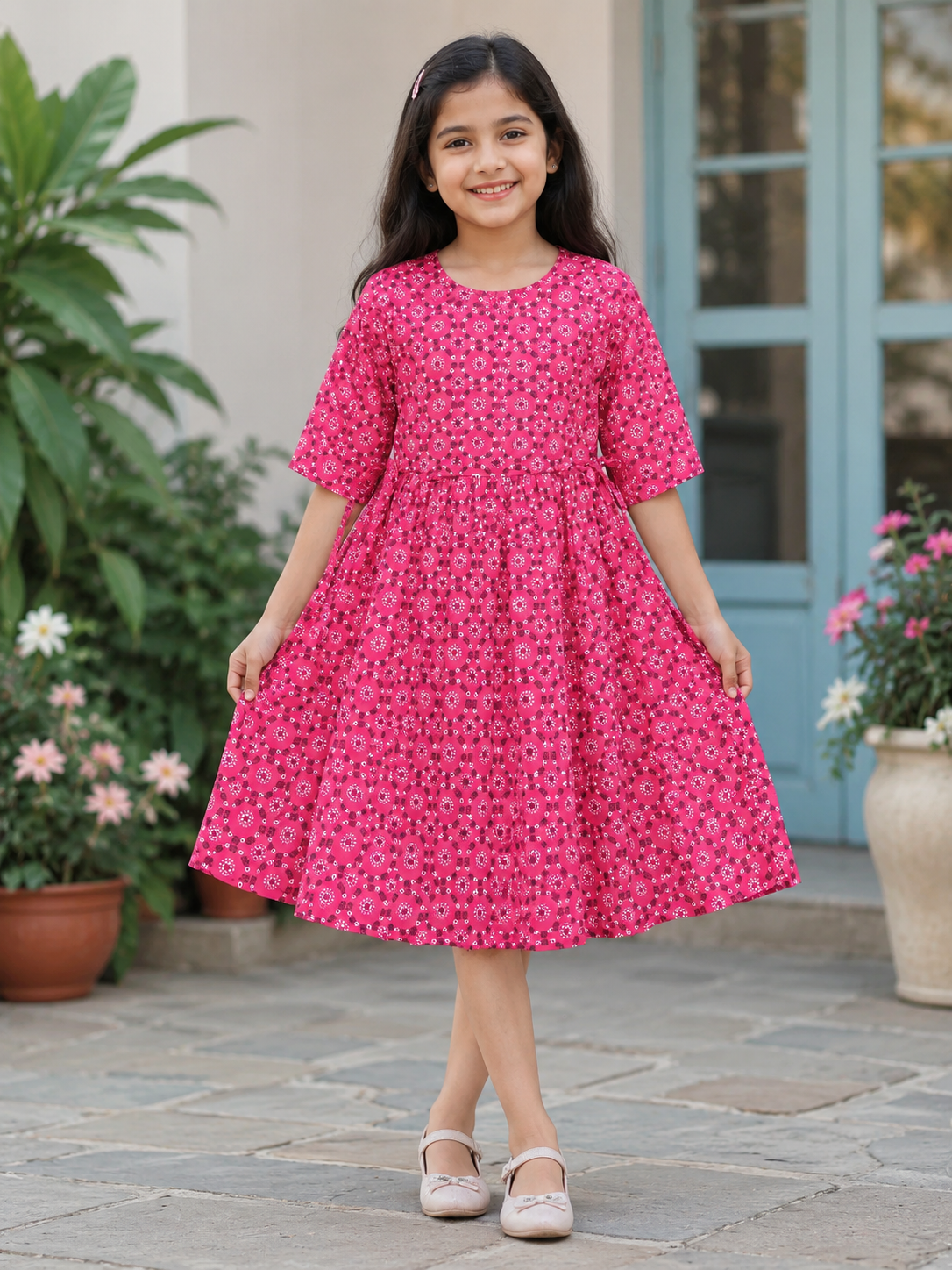 Teen Colours Red Geometric Floral Print ReyonDress