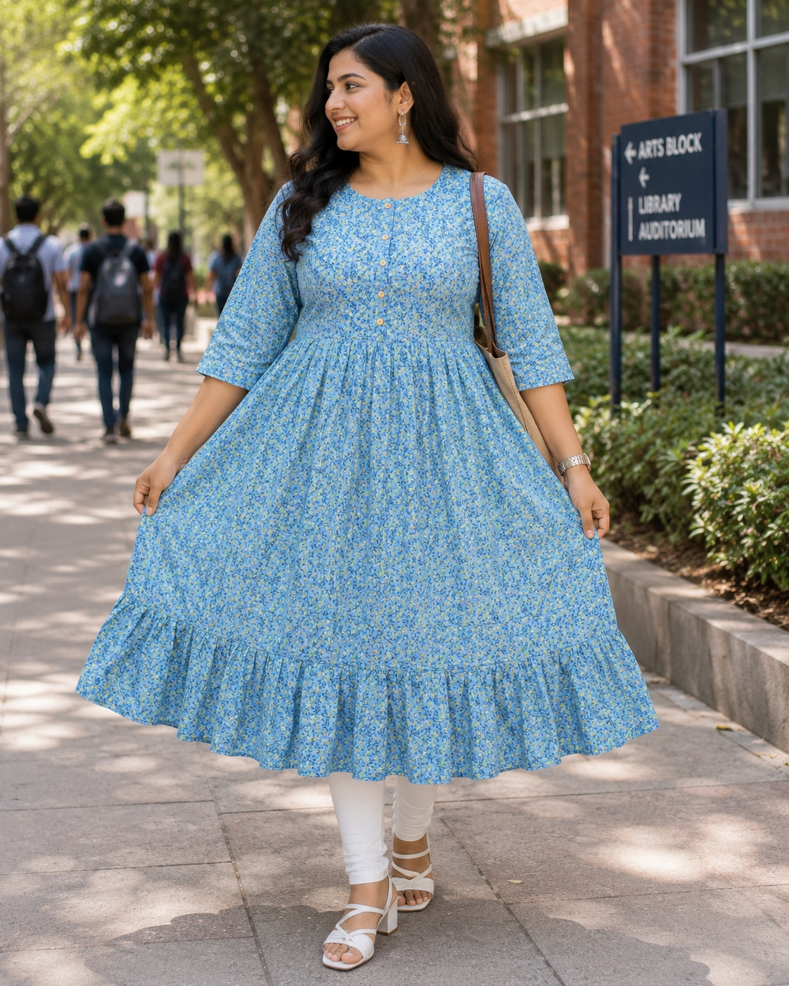 Women's Light Blue Printed Flared Umbrella model kurti with Elbow Sleeves