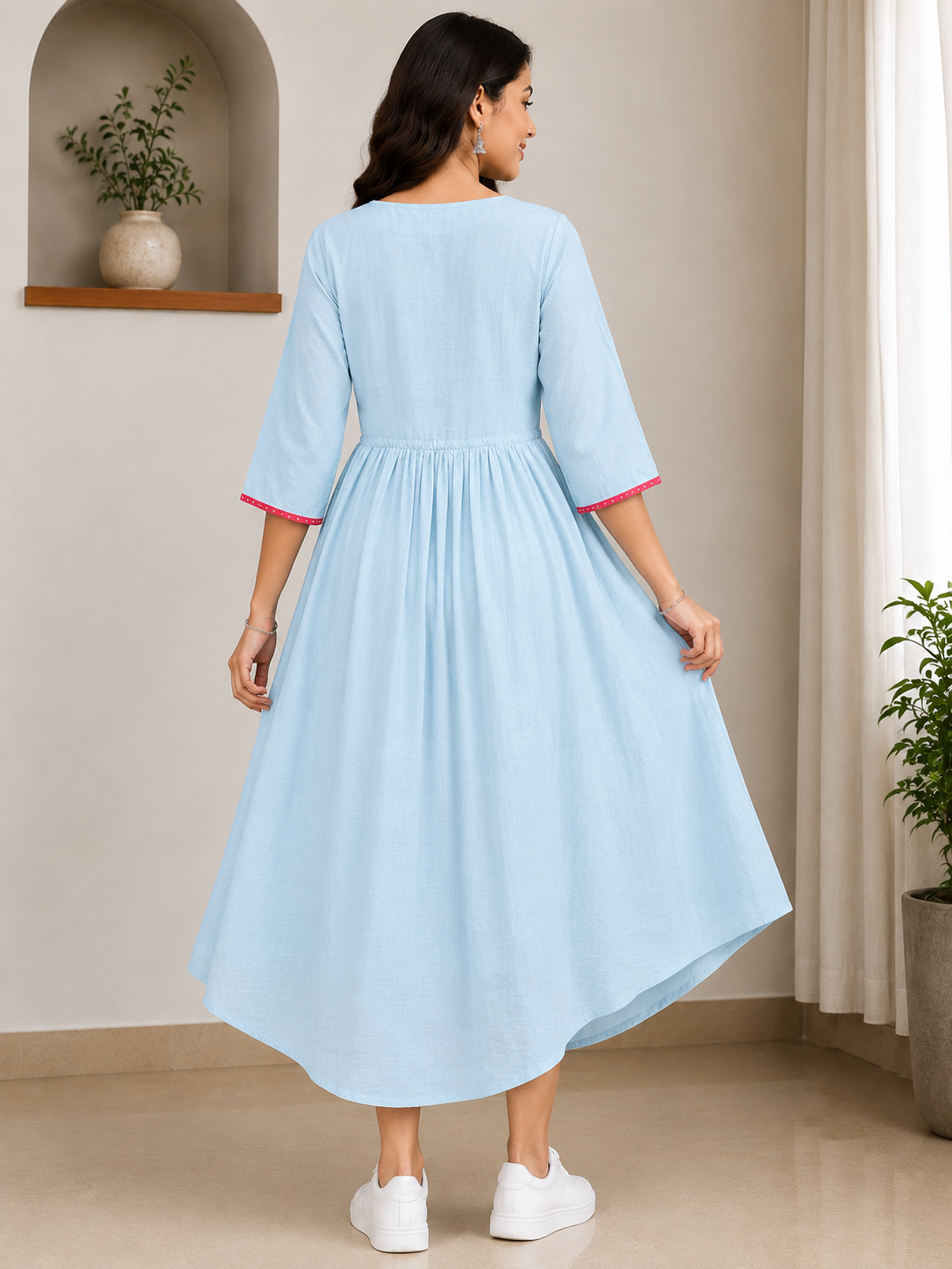 Ladies Light Sky Blue V-Neck  Linen cotton 3/4 Bell Sleeve Elastic Waist High-Low Western Long Frock