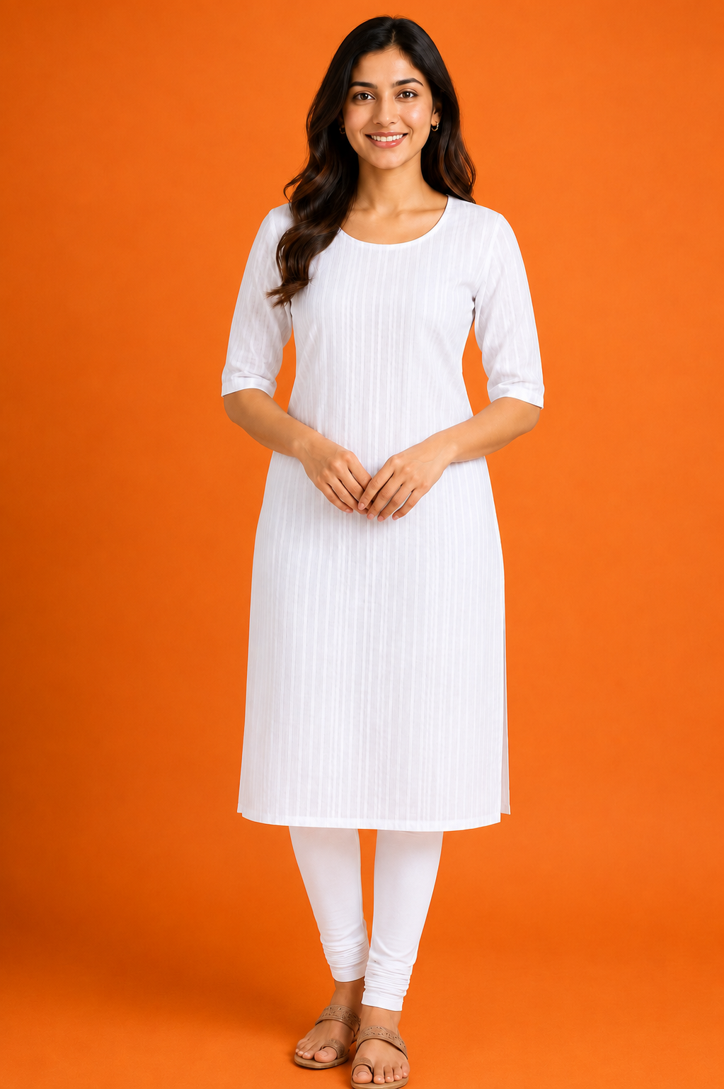 Women’s Pure White Self-Striped Textured Cotton Straight-Cut Kurthi with Elbow Sleeves & Pocket