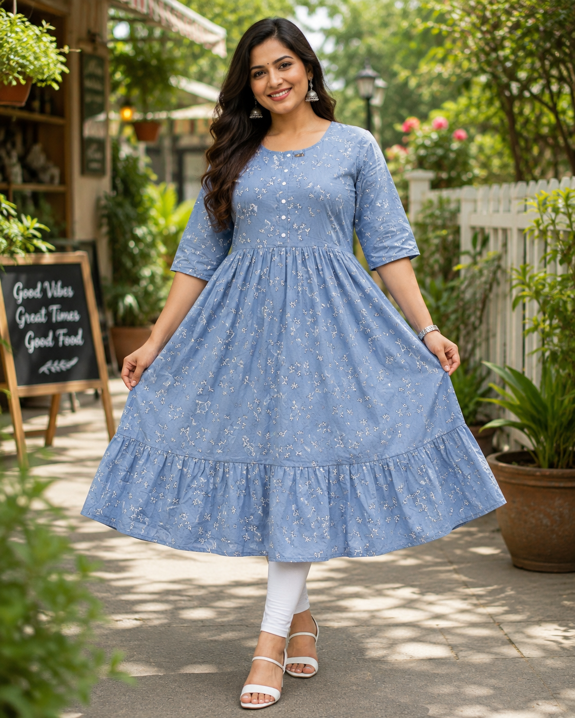 Women's Dusty Blue Printed Flared Umbrella model kurti with Elbow Sleeves