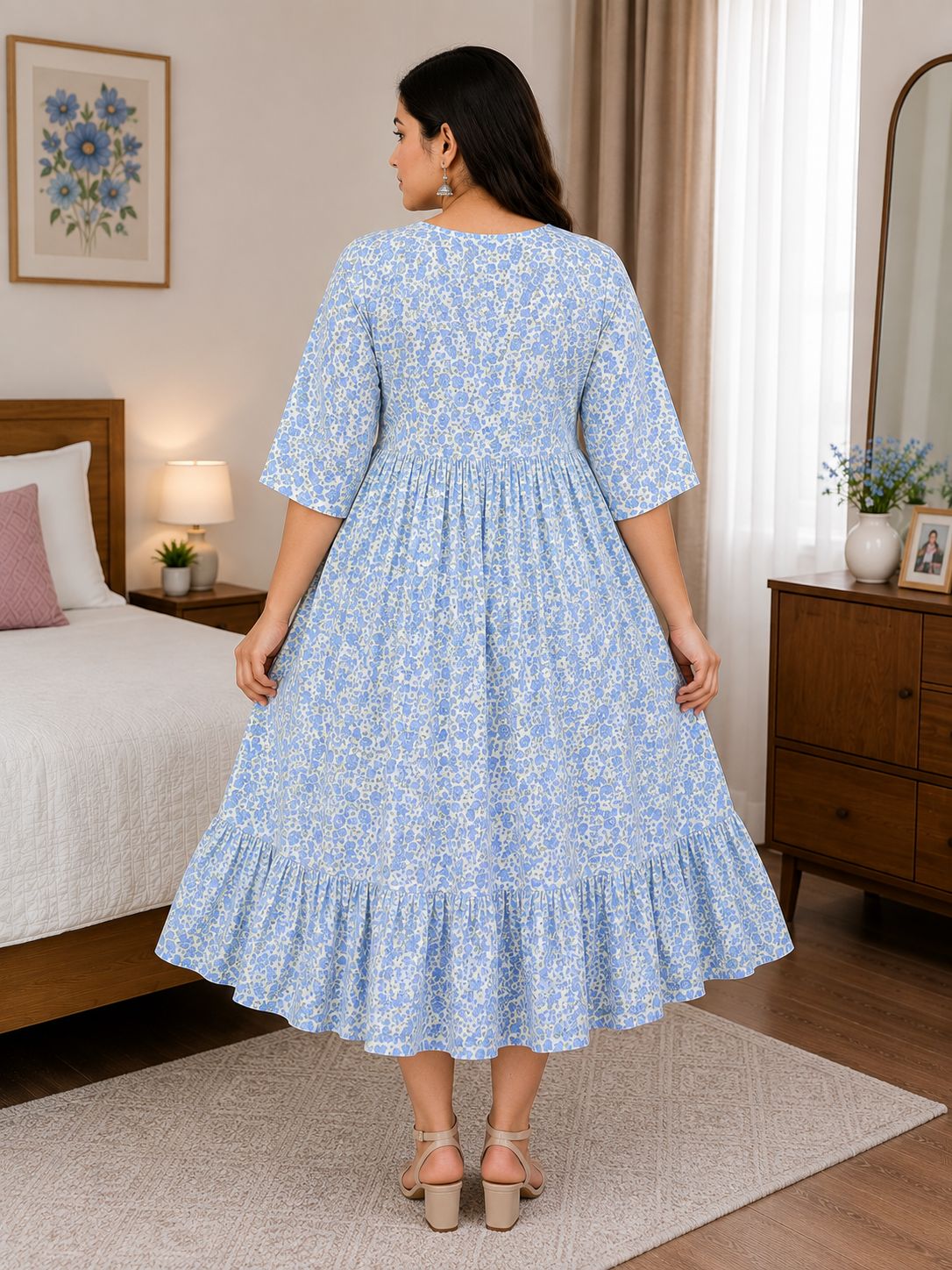 Women's Off-White with Blue Floral Print Flared Umbrella model kurti with Elbow Sleeves