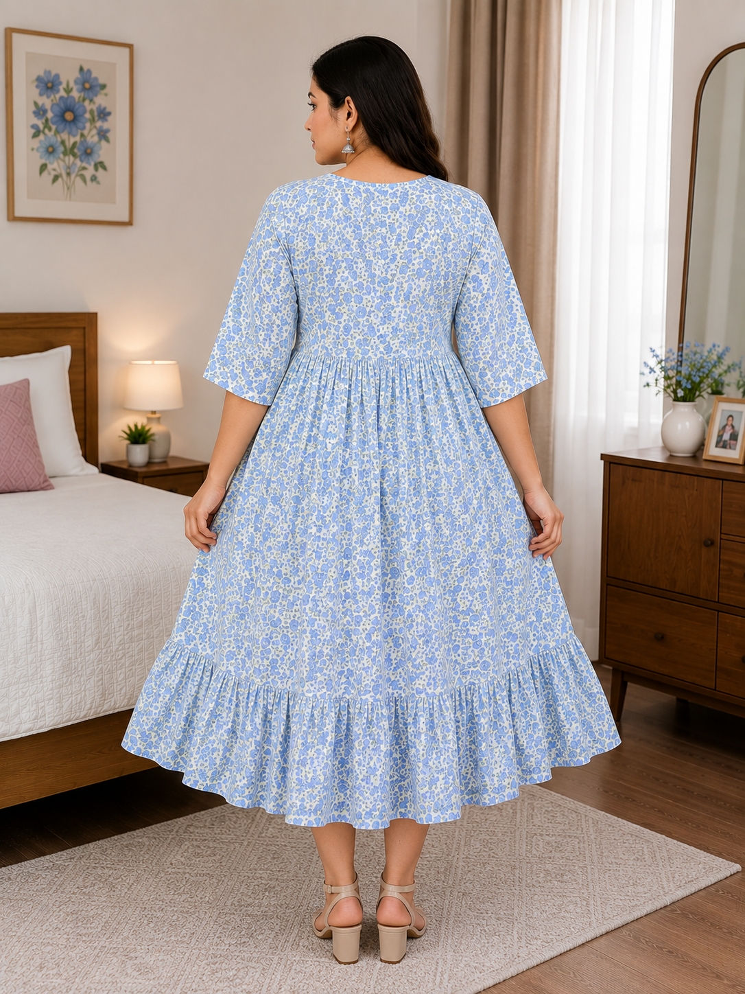 Women's Off-White with Blue Floral Print Flared Umbrella model kurti with Elbow Sleeves