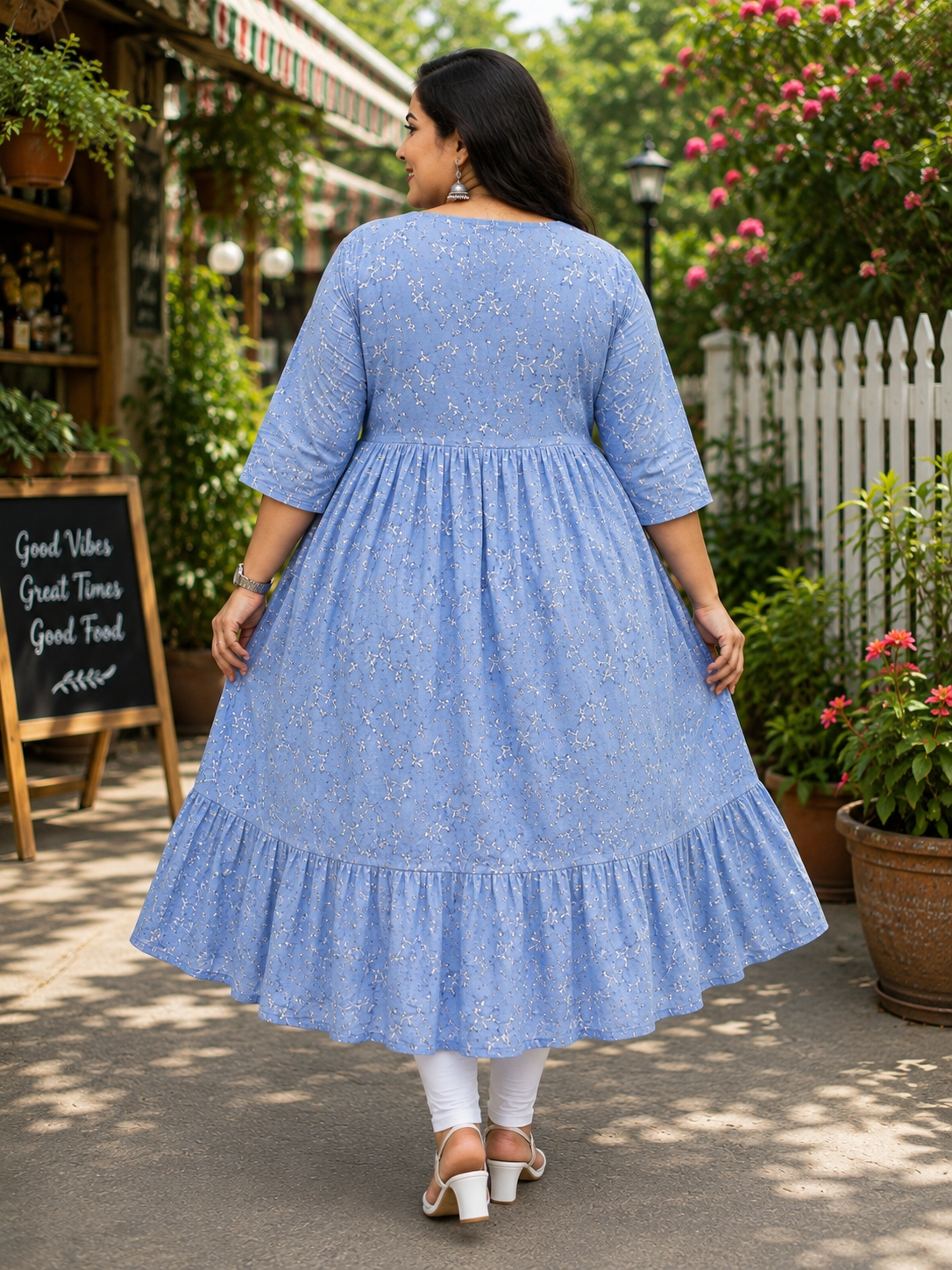Women's Dusty Blue Printed Flared Umbrella model kurti with Elbow Sleeves