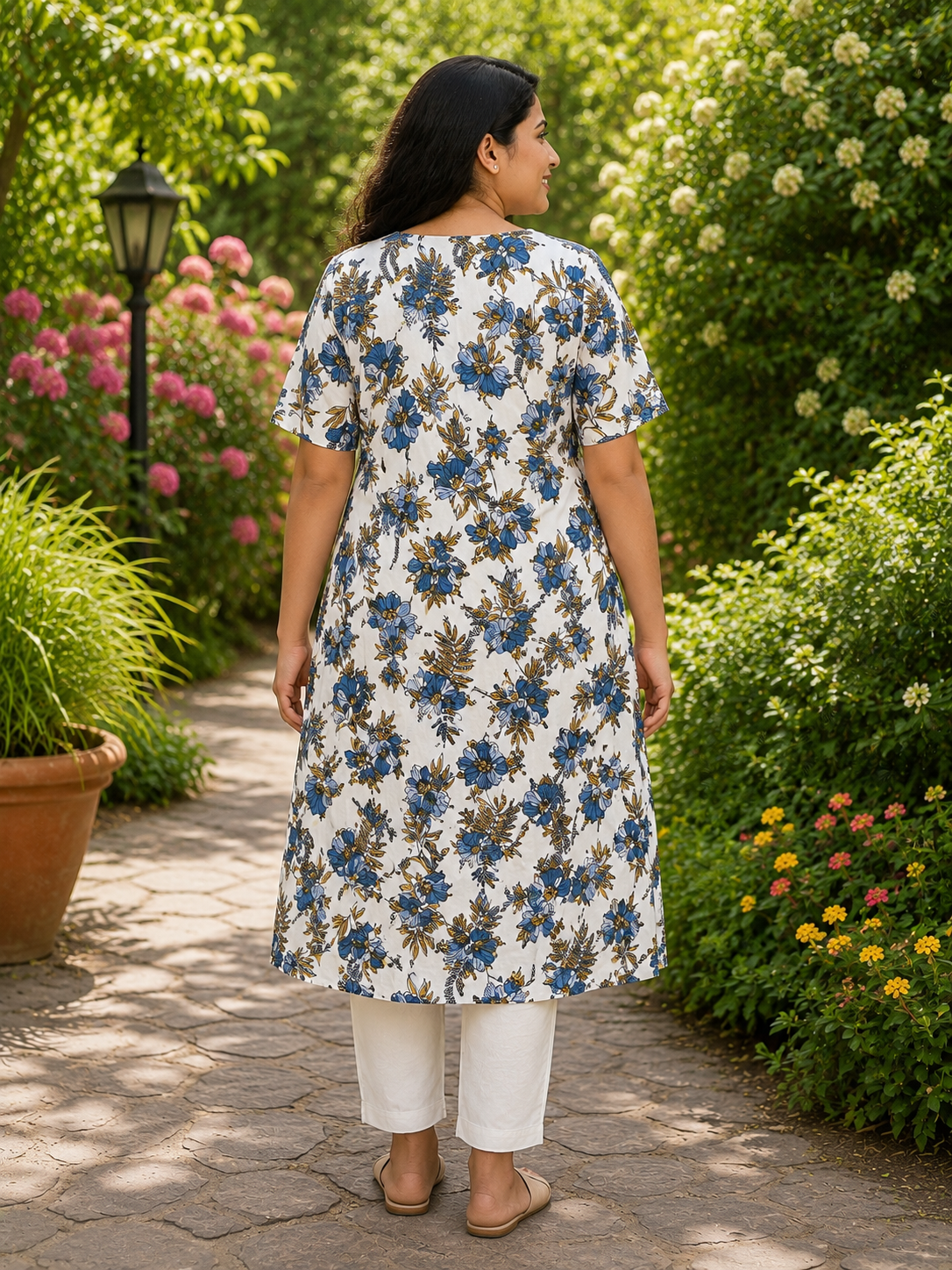 Womens White color rayon Kurti - Blue and Mustard Floral Print, Round Neck, Elbow Sleeves, Straight Cut with Pocket