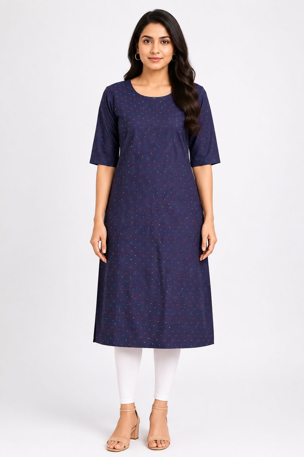 Women’s Navy Blue Multicolour Dash Print Straight-Cut Cotton Kurthi with Elbow Sleeves & Pocket