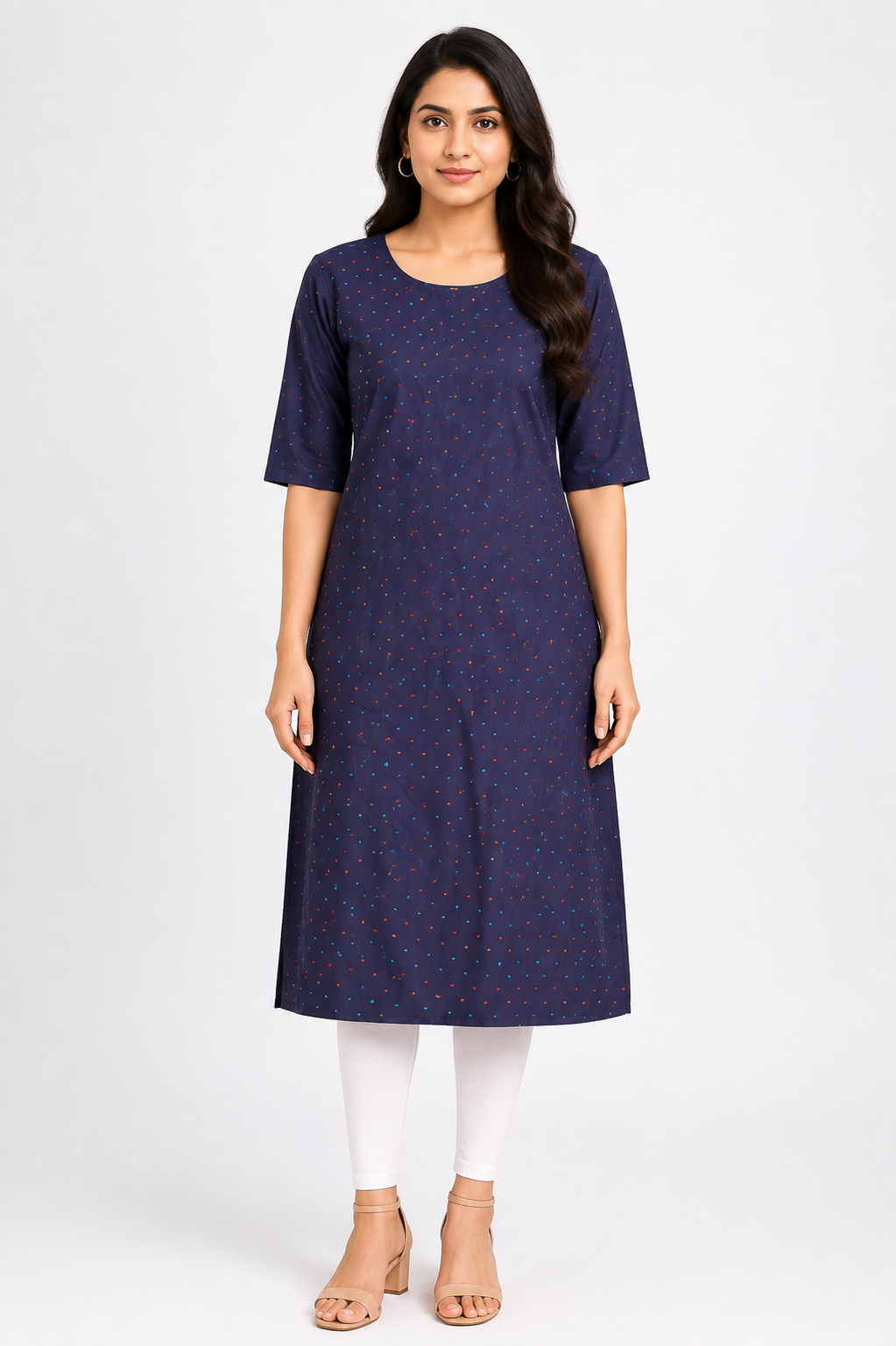 Women’s Navy Blue Multicolour Dash Print Straight-Cut Cotton Kurthi with Elbow Sleeves & Pocket