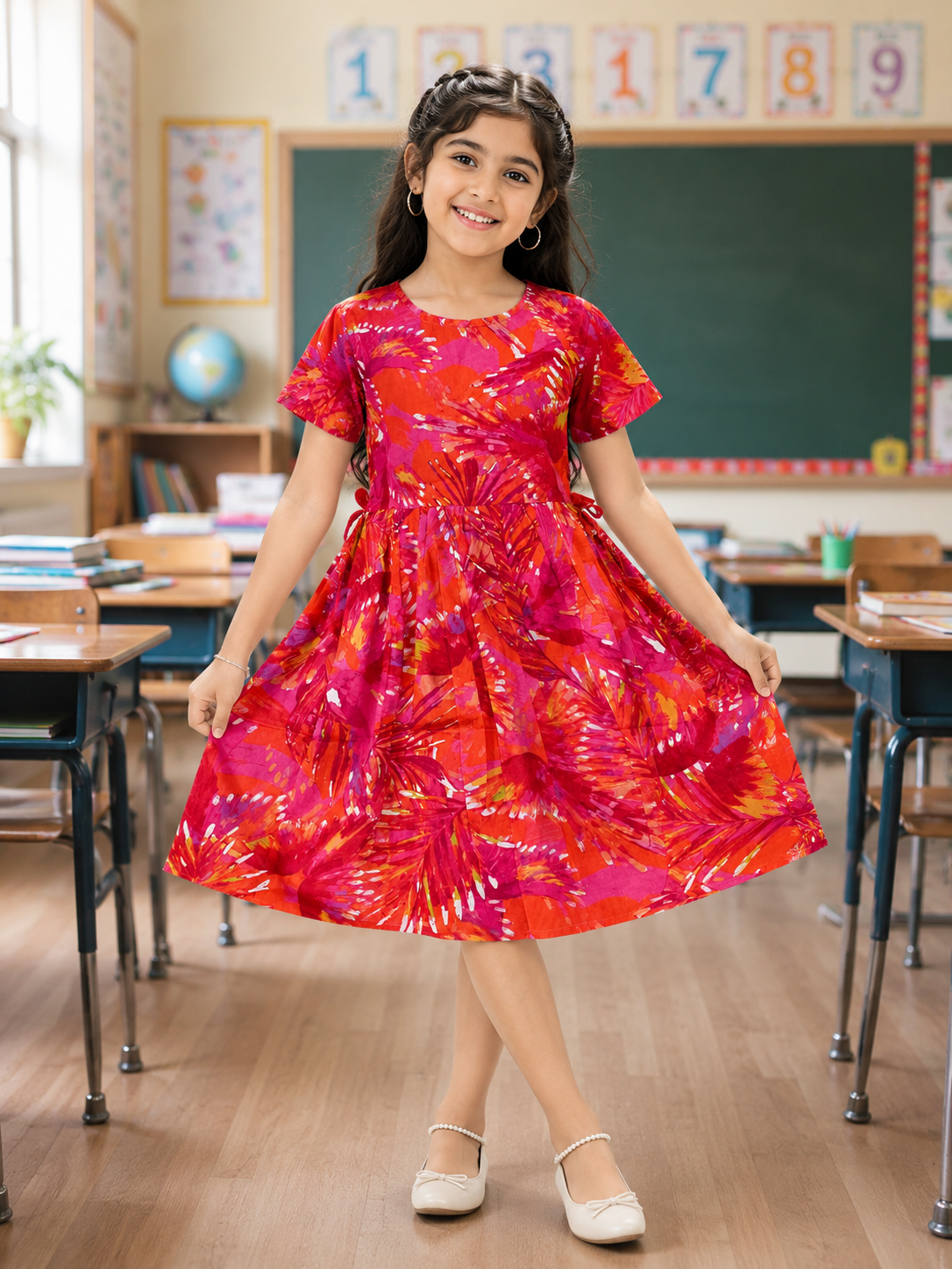 Girls' Vibrant Pink & Orange Gathered Tropical Dress