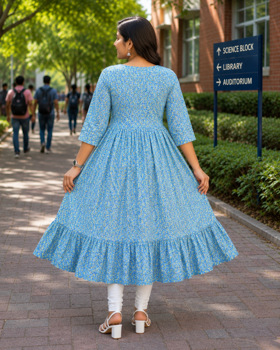 Women's Light Blue Printed Flared Umbrella model kurti with Elbow Sleeves