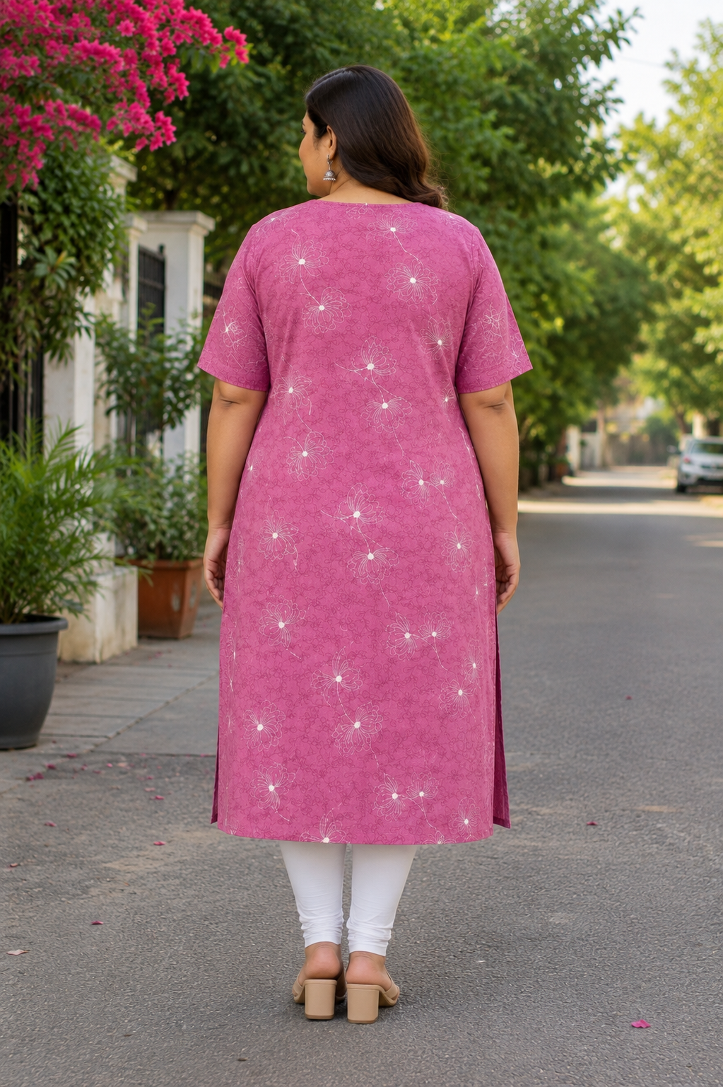 Women’s Dusty Rose Layered Floral Printed Cotton Straight-Cut Kurthi with Elbow Sleeves & Pocket